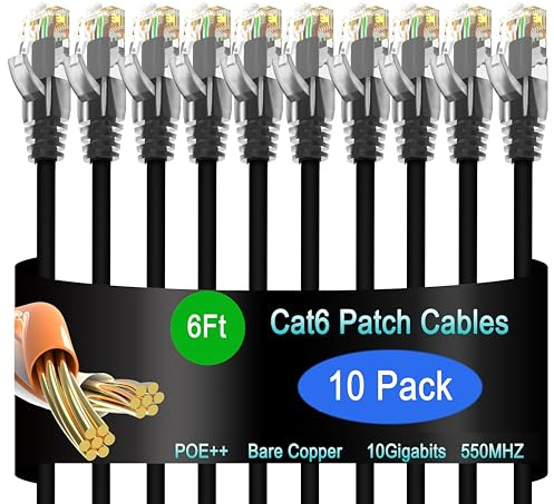 Lysymixs Cat6 Ethernet Patch Cable 6 ft (10 Pack), Cat6 Patch Cable for Data Centers, Cat 6 Patch Cable 10G, Network Patch Cables for Home and Enterprise Network -Black