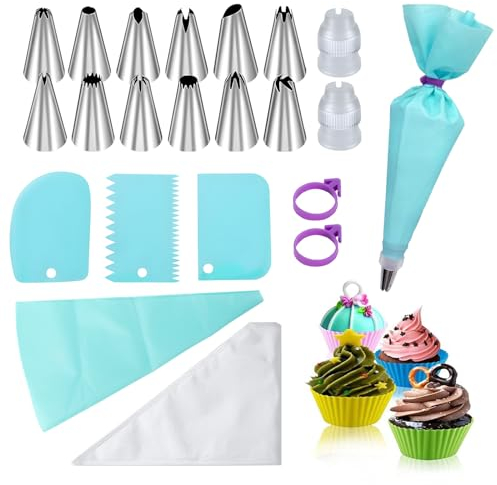 Taozoey Poche a Douille Patisserie, 100 Poches à Douille Jetables, 12 Douilles à Douille + Adaptateurs, Emporte Piece Patisserie, pour Biscuits, Cupcakes, Desserts, gâteaux, décoration