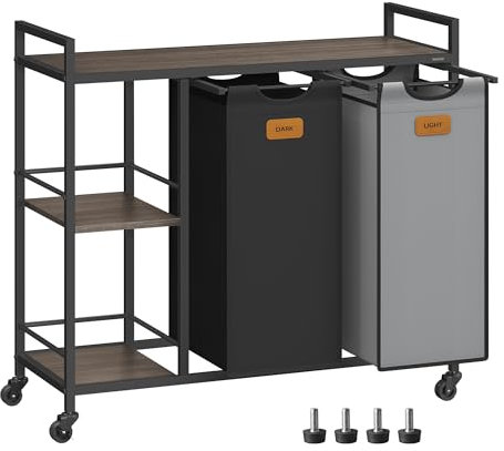 VASAGLE Wäschekorb 2 Fächer, Wäschesammler 100 L, Wäschesortierer, Rollen, Wäschewagen mit Ablagen, Wäschesack, mit abnehmbaren Taschen, 6 Etiketten, kastanienbraun-tintenschwarz-taubengrau BLH311B02
