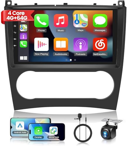 NHOPEEW 4 + 64G Android 13 Autoradio für Mercedes Benz CLK/GLK W209 W203 2005-2009 - Drahtlos Carplay & Android Auto - 9 Zoll Touchscreen mit EQ WiFi GPS FM RDS Mirror Link + AHD Rückfahrkamera