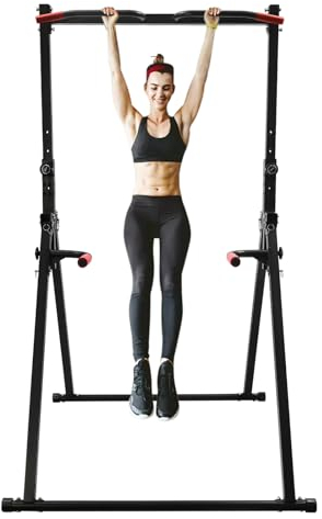 PUDLOR Faltbar Power Tower Dip Station, Einstellbare Horizontale Stange Freistehend Heim-fitnessstudio Reckstange bis 200 kg belastbar, Für Klimmzüge und Liegestütze am Bauch (Schwarz&Rot)
