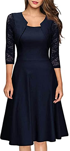 Cocktailkleid Damen Kurz Elegant, A-Linien Kleid Festlich V-Ausschnitt 3/4 Arm Mit Spitze, Elegantes Swing Knielang Festliches Ballkleid Einfarbig Faltenrock Outfit