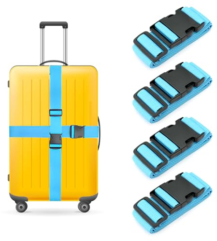 4 Stück Koffergurt Set, Verstellbare Kofferband mit Adressschild Koffergurt Kofferband Gepäckband Sicher Reisen Koffer Kofferbänder Gepäckgurte Kreuz Sicherheitsgurt Luggage Strap (Blau)