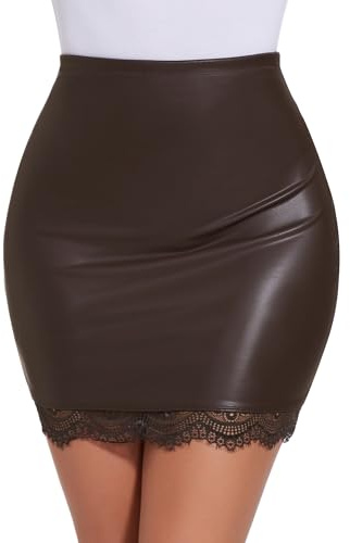 SHAPERIN Gonna in Pelle Donna Vita Alta Minigonna Pizzo Gonna a Tubino in Ecopelle Mini Skirt Faux Leather Marrone XXL