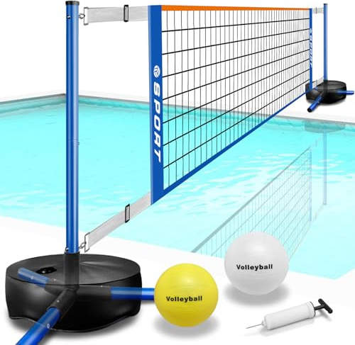 Furypiont Rete da pallavolo da piscina, portatile, per interni ed esterni, con 2 palloni da pallavolo e base resistente. Lunghezza regolabile 4,5 – 7,6 m, per pickleball e rete da tennis