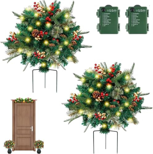 Arbustos para macetas preiluminados para Navidad, Rellenos para macetas para Navidad, Rellenos para macetas navideñas con Luces, Decoraciones navideñas para macetas de Exterior,2PCS