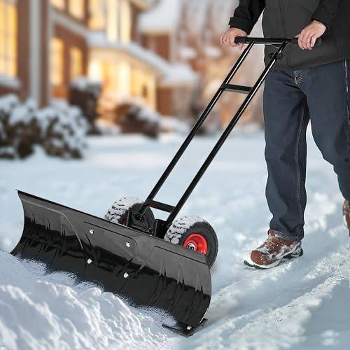 sogesfurniture Schneeschaufel auf Rädern, höhenverstellbar, Komfortables Schneeräumen mit 7-Fach verstellbarem Schneeschild, rückenschonender Schneeschieber, Schneeräumwerkzeug für Auffahrt, Gehweg