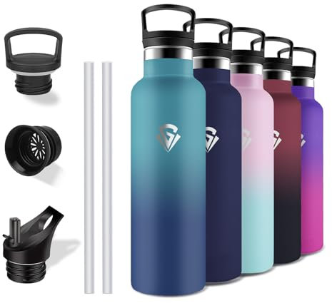 Grsta Trinkflasche Edelstahl, 750ml Thermosflasche, mit Strohhalm, BPA-Frei, Wasserflasche Metall, Auslaufsicher, Trinkflasche Kohlensäure Geeignet, für Reisen, Camping, Büro, Wandern