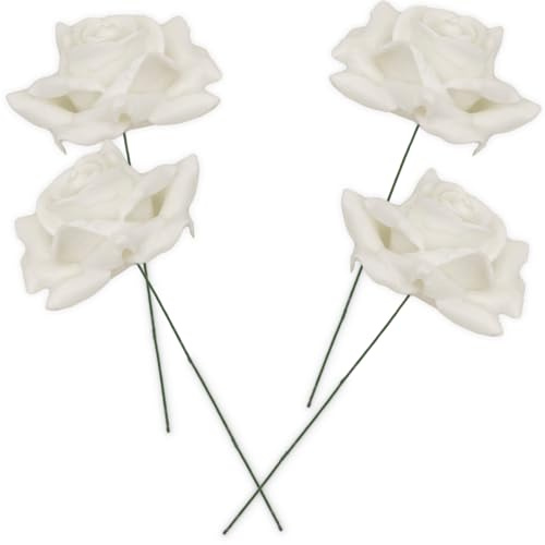 Wachs-Rosen 4er Set weiß - dauerhaft haltbare Textil-Rosen mit Wachs-Blüten