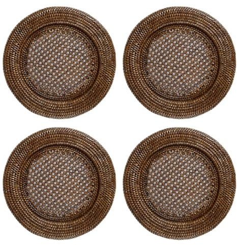 Charger Plate Set of 4 Table Mats Glazed Finish Rattan Placemats (Brown) | Woven Rattan, Dining Table, Kitchen Island, Place Mats