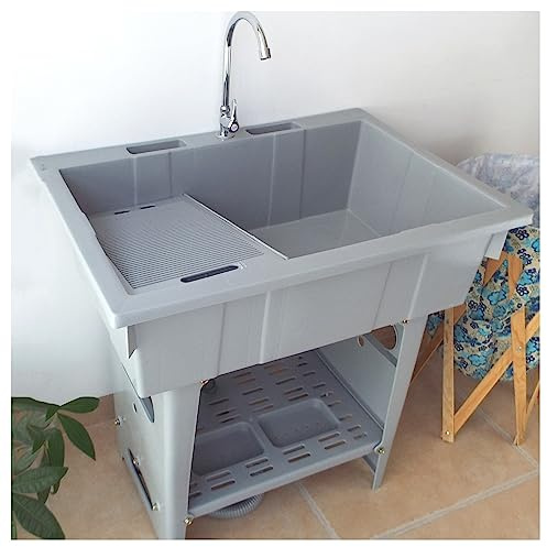 DIHRVTHC Freistehendes Spülbecken, Außenspülbecken, Freistehendes Kunststoff-Waschbecken, Mit Warm- Und Kaltwasserhahn, Mit Waschbrett Für Die Wäscherei, Für Garage, Keller, Garten(Gray,Single Cold)