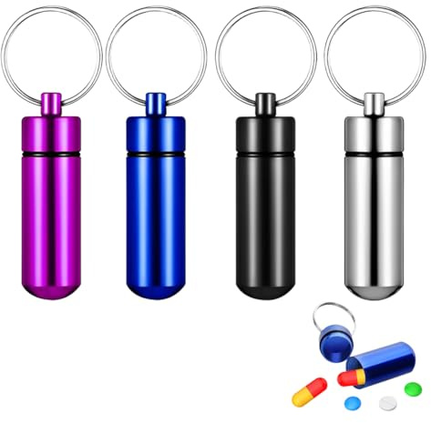 XYTAHDM 4 Pcs Boîte à Pilulier en Aluminium,Petit Contenant à Pilules, une Boîte à Pilules étanche Portable, Porte-clés Porte-Pilule étanche pour Le Camping en Plein air