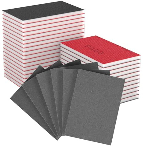 MOGRQAP Éponge de Ponçage 32PCS, Bloc de Mousse Abrasive Flexible, Grains 400, Tampons Abrasifs Lavables et Réutilisables pour Bois, Métal, Meubles, Mur (70x100mm)