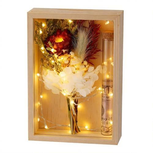 Geldgeschenk Geburtstag Geschenkbox mit Trockenblumen & Reagenzglas Kreative Weihnachtsgeschenke aus Holz für Frauen & Männer Alternative zum Geldumschlag (Ohne LED-Leuchte)