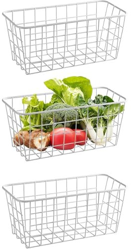 Bhina 3 Pezzi Piccoli Cestini in Filo Cestini Portaoggetti in Filo Metallico con Maniglie Cestini Organizzatori Cestini Portaoggetti per Congelatore, Cucina, Dispensa, Armadi, Bagno, 21x16x9 cm, Bianc