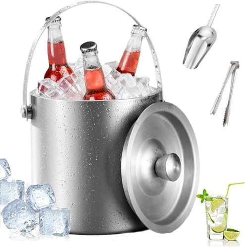 2L Insulated Ice Bucket with Lid and Tongs, Double Walled Stainless Steel Champagne Bucket for Home Bar, Parties & Outdoor – Keeps Ice Frozen Longer, Ideal for Cocktails, Beer & Wine