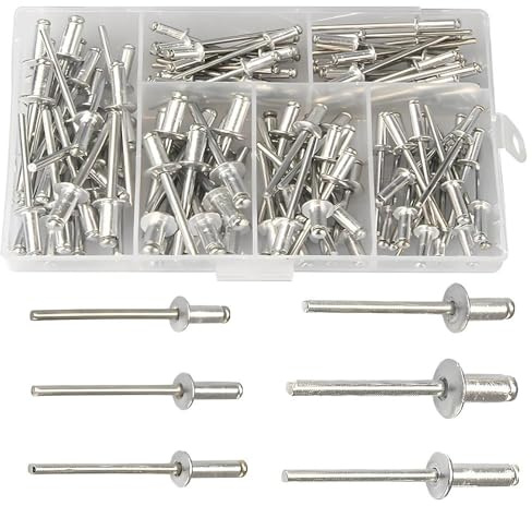 120 Stück Alu Blindnieten Sortiment Popnieten Set, Blindniet mit Großem Flansch, Pop Nieten Stahlniete, 6 häufig verwendeten Größen Silber Aluminium Blindnieten(Silver)