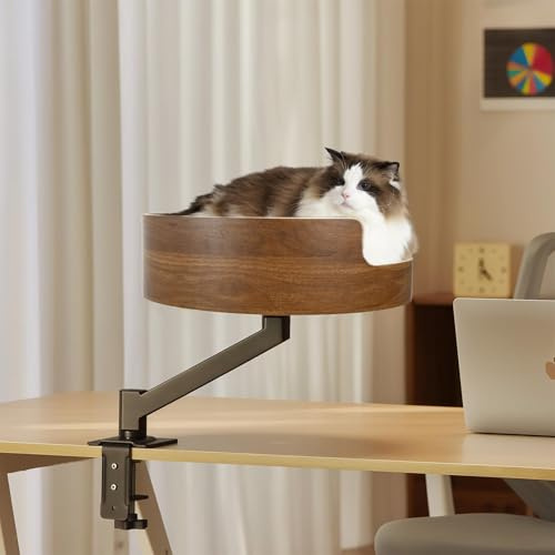 Zertylre Katzenbett für Schreibtisch mit Haustiermatte,Höhenverstellbares Katzenbett,360° Drehbarer, unterstützt bis zu 15kg,Einklemmschutz und platzsparend, katzenbetten für Tische und Fenstersims