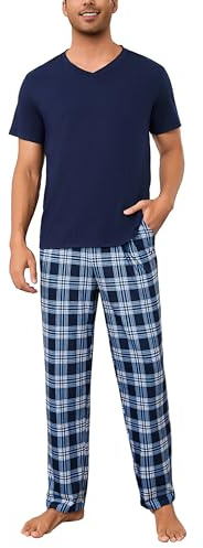 Bresdk Pijamas Hombre Algodón Conjunto de Pijama Manga Corta Tops con Largo Pantalones a Cuadros Ropa de Dormir Suaves y Confortables Azul L
