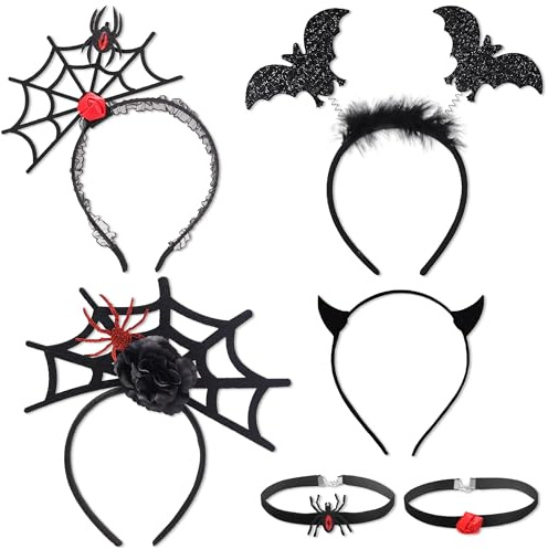 YiiHHooN Halloween Haarreif, 4 Stück Halloween Kopfschmuck und 2 Stück Gothic Halskette, Schwarz Spinnennetz Fledermaus Spinnen Haarreif für Karneval Maskerade Fasching