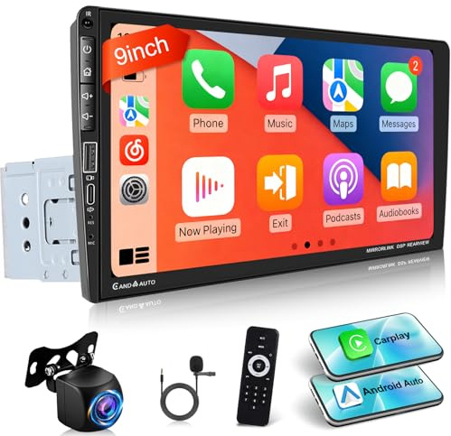 Din 1 Autoradio Apple Carplay, Auto Bildschirm Radio 9-Zoll mit Android Auto, Bluetooth, Mirror Link, FM, AUX/USB/SD, Lenkradfernbedienung+Mikrofon & Rückfahrkamera