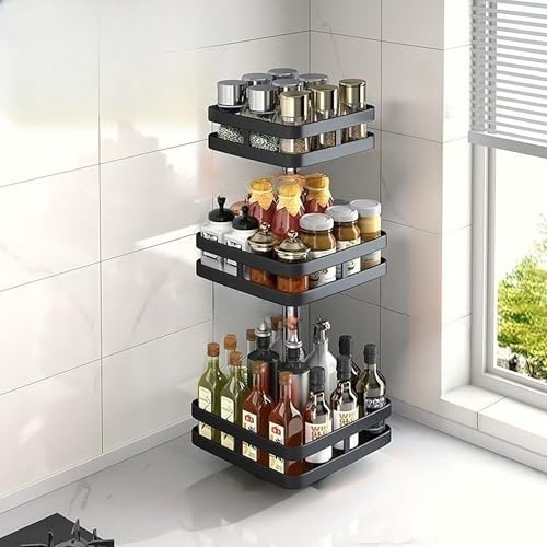 Drehbarer Organizer 3 Etagen Schwarz Küchenregal Stehend 360° Küchengewürzen Küchenregal Arbeitsplatte Eckregal Küche Gewürzregal Stehend Ohne Bohren Lazy Susan Bohren für Gewürzgläser, Kosmetik