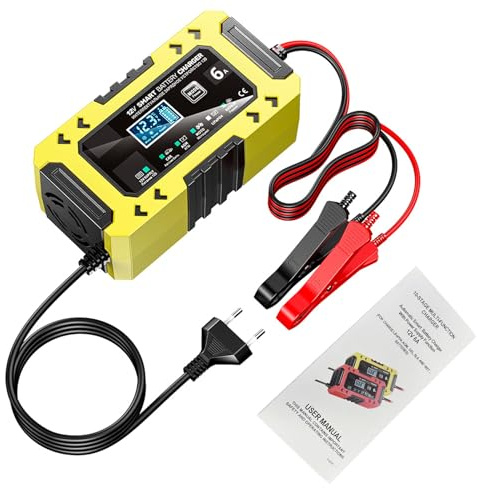 Buachois Chargeur de Batterie 12V 6A, Chargeur Intelligent avec Affichage LCD, Protection Contre Les Surchauffes et Courant Inverse, Compatible Voiture Moto Camion Tondeuse à Gazon (Yellow)