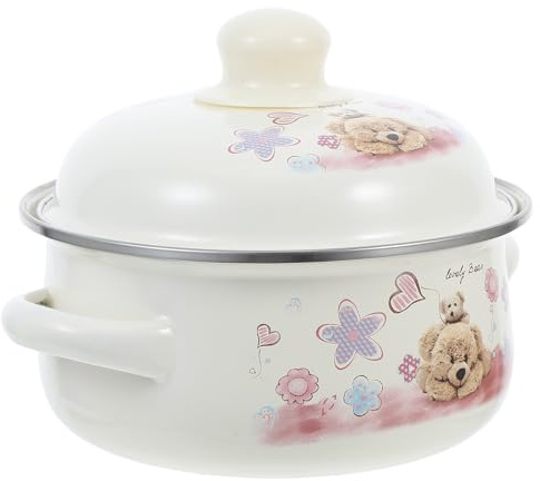 NUOBESTY Vintage Enamel Stockpot with Lid, 16Cm Thickened Cooking Pot for Household Soup and Stew, Dual-Handle Retro Kitchenware Suitable for Boiling and Simmering