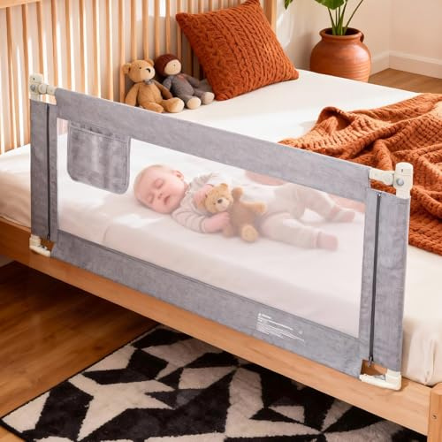 Huracan Baby Bettgitter 150cm, Höhenverstellbarer Rausfallschutz Bett für Babys & Kinder, Bettschutzgitter für Kinderbett & Elternbett, Kinderbettgitter Klappbar, luftiges Netz für Kinderbett, Grau