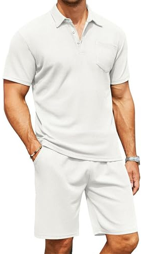 QUNERY Conjunto Hombre Verano 2 Piezas Conjunto Slim Fit Polo y Pantalones Cortos Negocios Chándal de Ocio con Bolsillos Blanco XL