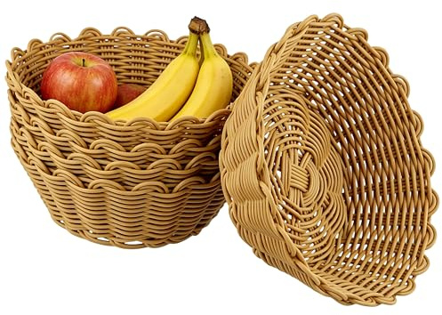 UNGFEI 5 Pack Small Wicker Baskets, Round Poly-Wicker Woven Basket for Bread, Fruit, Food Display, Kitchen Storage, Vegetables and Table Serving, 18.5 x 11 x 7 cm