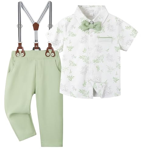 Volunboy Traje Formal para Bebé Niño, Pelele Manga Corta con Pantalón Tirantes, Boina y Pajarita, Conjunto Elegante Boda