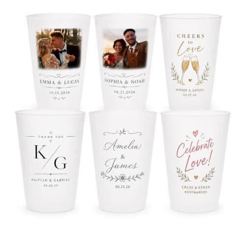 10-200 Stück Personalisierte Hochzeitsbecher mit Foto Name Logo, Frosted Kunststoffbecher 360 ml 480 ml, Individuelle Partybecher für Hochzeit, Brautparty, Feiern und Events