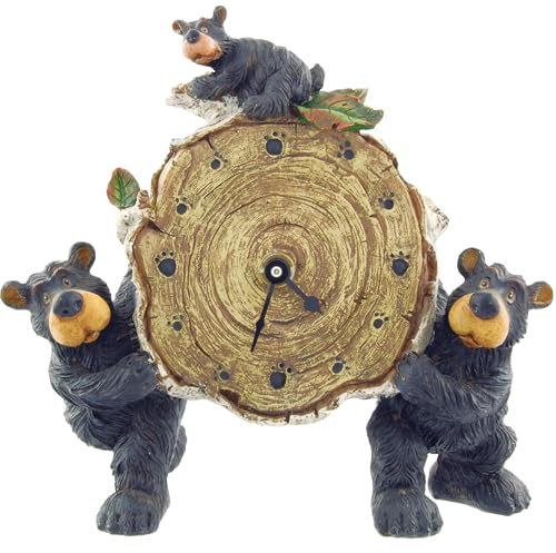 Willie Black Bear with Cub Holding a Birch Log Clock 8