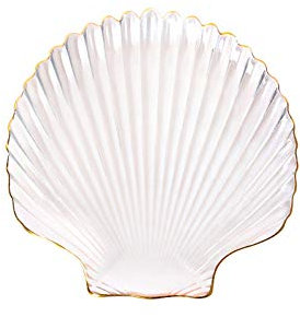 esowemsn 1 plato de cristal transparente con forma de vieira, plato de postre con borde dorado, ideal para fiestas en casa, ensalada de frutas, verduras y galletas