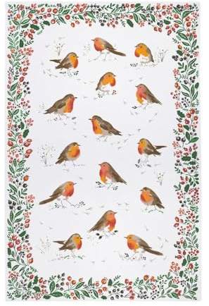Ulster Weavers Christmas 100% Cotton Tea Towel - Multicoloured - Robins and Berry Border