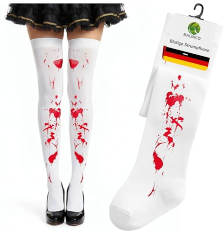 Balinco Blutige Strumpfhose Damen, Halloween Kostüm Damen Grusel, Zombie Zubehör, Horror Krankenschwester Outfit, Weiße Strumpfhose mit Blut, Karneval