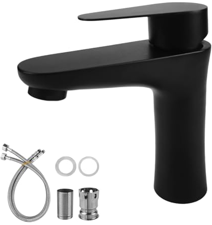 Wasserhahn Bad Schwarz, Waschtischarmatur, Kaltwasserhahn, Drehbar Auslauf Badarmatur, Edelstahl Mattschwarz, mit 60cm Schläuche