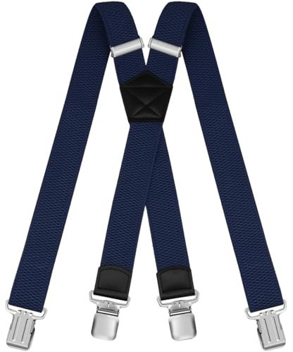 HNOOM Hosenträger für Herren Damen: Breit 3.8 cm, Einstellbar und Elastisch Arbeitshose Hosenträger, 4 Starken Metall Clip, X Form, Einheitsgröße für Männer und Frauen (Marineblau)