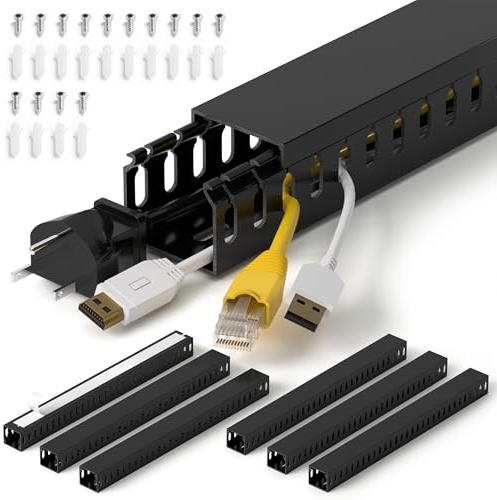 ZhiYo Kabelkanal schwarz 240 cm(6 x L40cm) - Serverrack-Set mit Verdrahtungskanal | Sicherer PVC-Kabelkanal H3,5 x B4 cm für Schreibtisch/Netzwerk - Offene Kabelrinne mit Stecksystem