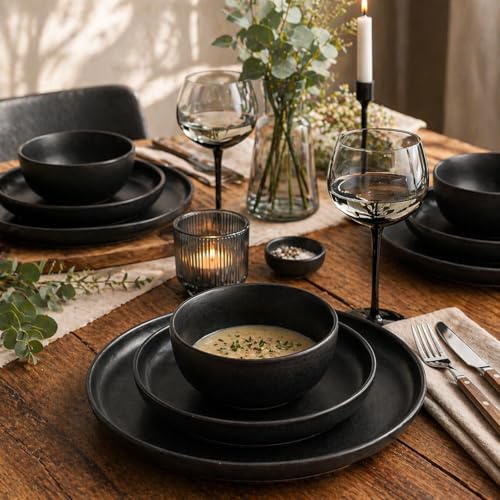 KUTAHYA PORSELEN Crouton Service de table 12 pièces pour 4 personnes – Noir mat | 4 assiettes de service, 4 assiettes creuses et 4 bols | Passe au lave-vaisselle