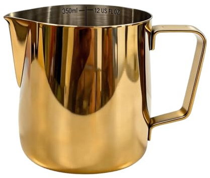 Milk Frother Jug 350ML with Scale Stainless Steel Coffee Milk Frothing Cup Pitcher Jug with Clear Scale Ergonomic Handle Milk Frothing jug Set for Coffee Latte Art Gold for Home Cafes Restaurants