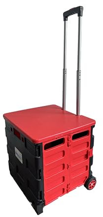 LEISURE DIRECT ® HEAVY DUTY EXTRA LARGE FOLDABLE FOLDING CAR BOOT CART CRATE STORAGE BOX TROLLEY FOR TEACHERS COLLEGE BOOKS SHOPPING FOLDERS 40KG CAPACITY FOLDS FLAT (Black Red + Lid 40Kg)