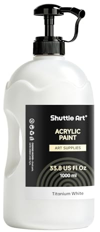 Shuttle Art White Acrylic Paint, 33.8oz/1000ml Large Capacity Pump Bottle with Cover, Fast Drying Non-Toxic, High Coverage Titanium White Acrylic Paint for Kids, Artists, Students & DIY Crafts