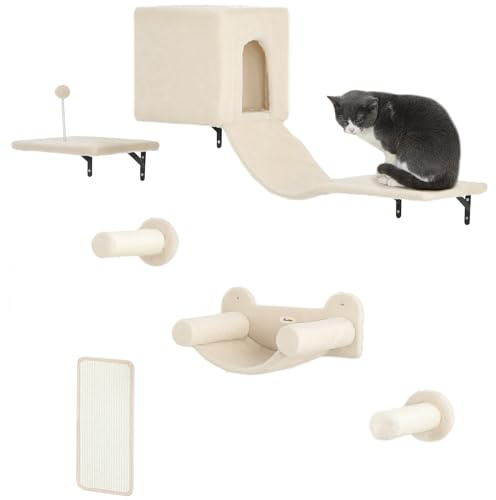PawHut Juego de Pared de Escalada para Gatos de 6 Piezas Estanterías para Gatos con Condominio Plataforma Hamaca Escaleras Percha Tabla Rascador Poste de Sisal Bola de Juguete Beige