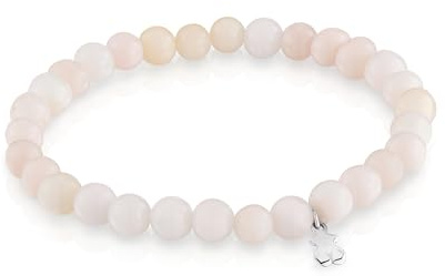 TOUS Pulsera Elástica Rosa de Vidrio con Motivo de Oso en Plata de Primera Ley para Mujer, 16.5cm de Largo, Colección Basics