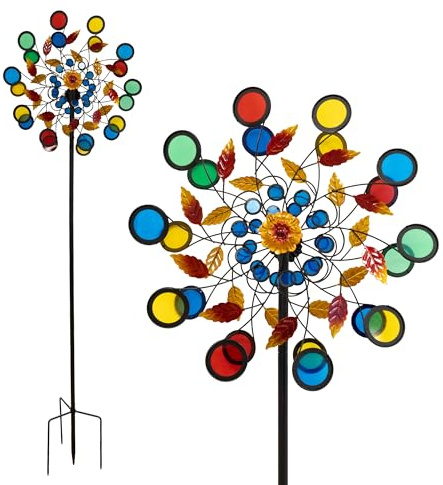 Lemodo Windrad Garten Metall mit 2 gegenläufigen Rotoren, buntes Acryl-Windspiel 213 cm, kugelgelagert, Stabiler Gartenstecker mit Erdspieß, Terrasse und Balkon, dekorative Windskulptur (Acrylic)