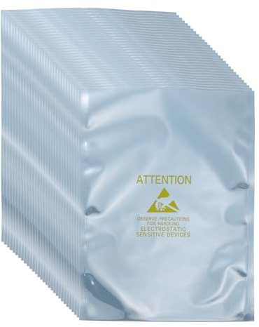 QUARKZMAN 100 Pcs Sacs Anti-Static 6.3 x 9.1 Ouverture Supérieure Sac Blindage ESD avec Étiquettes pour Hard Drive HDD SSD Dispositifs Électroniques Cartes Mères, Gris Argenté