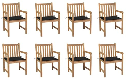 YuuSsea Trädgårdsstolar 8 st med svart kudde i massivt teak 58 x 60 x 90 cm stapelbar väderbeständig med armstöd för balkong terrass utomhus camping pool bekväm