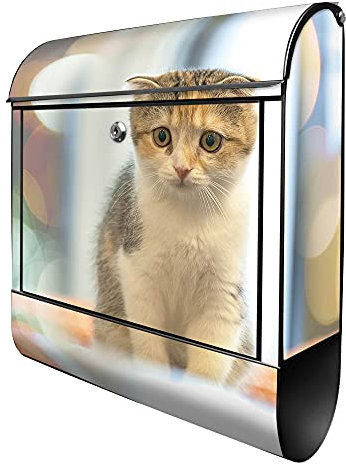 banjado® Design Briefkasten mit Kleine Katze 38,5x46,5x13cm & 2 Schlüssel - Briefkasten Stahl schwarz mit Zeitungsfach pulverbeschichtet - Postkasten A4 Einwurf inkl. Montagematerial